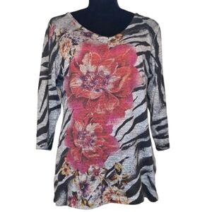JM Collection Women's Black Gray Zebra Stripe and Floral Pattern Shirt Size M